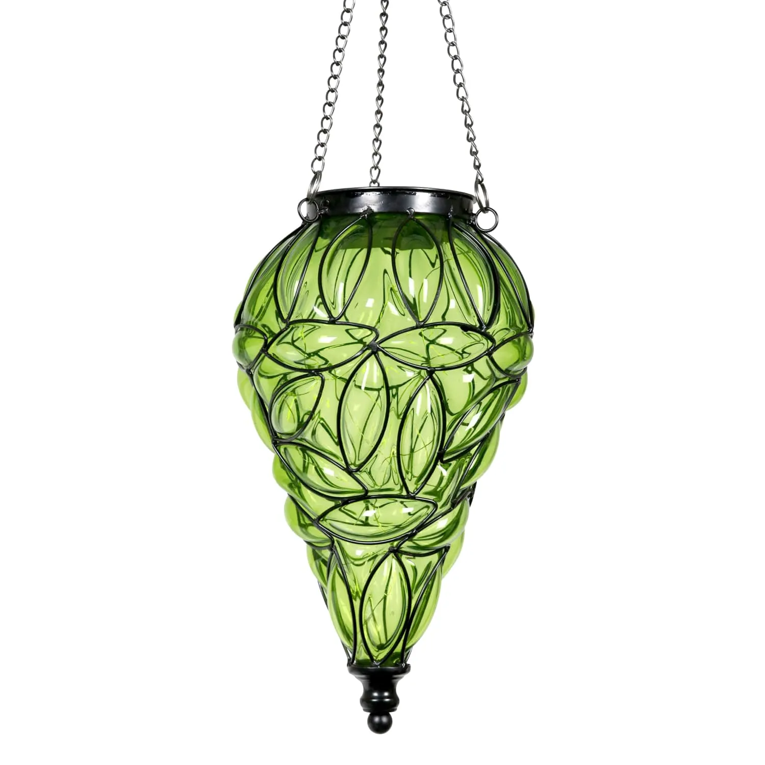 Solar Tear Shaped Glass and Metal Hanging Lantern in Green with 15 Cool White LED Fairy Firefly String Lights, 7 by 24 Inches