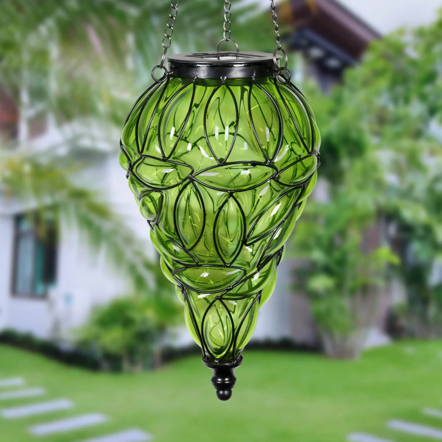 Solar Tear Shaped Glass and Metal Hanging Lantern in Green with 15 Cool White LED Fairy Firefly String Lights, 7 by 24 Inches