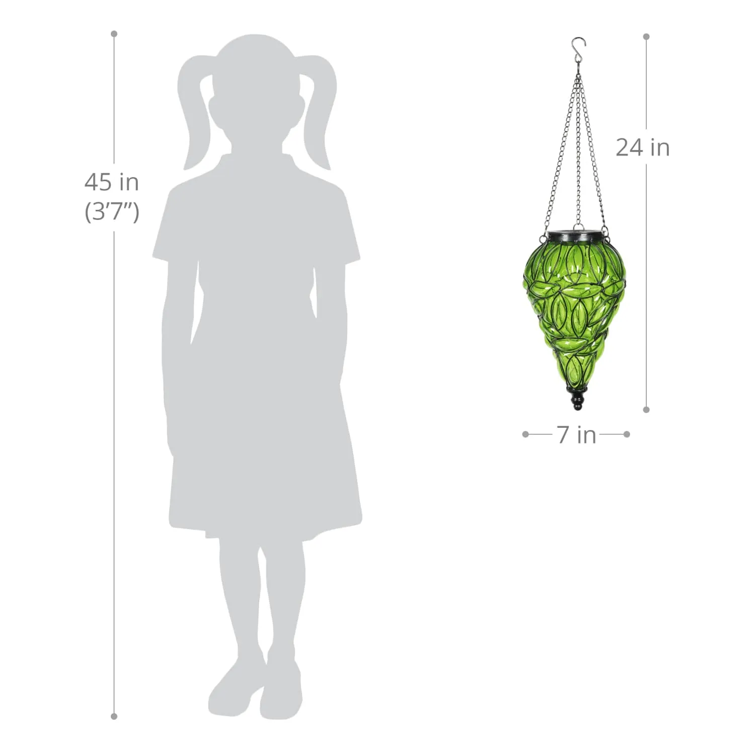 Solar Tear Shaped Glass and Metal Hanging Lantern in Green with 15 Cool White LED Fairy Firefly String Lights, 7 by 24 Inches
