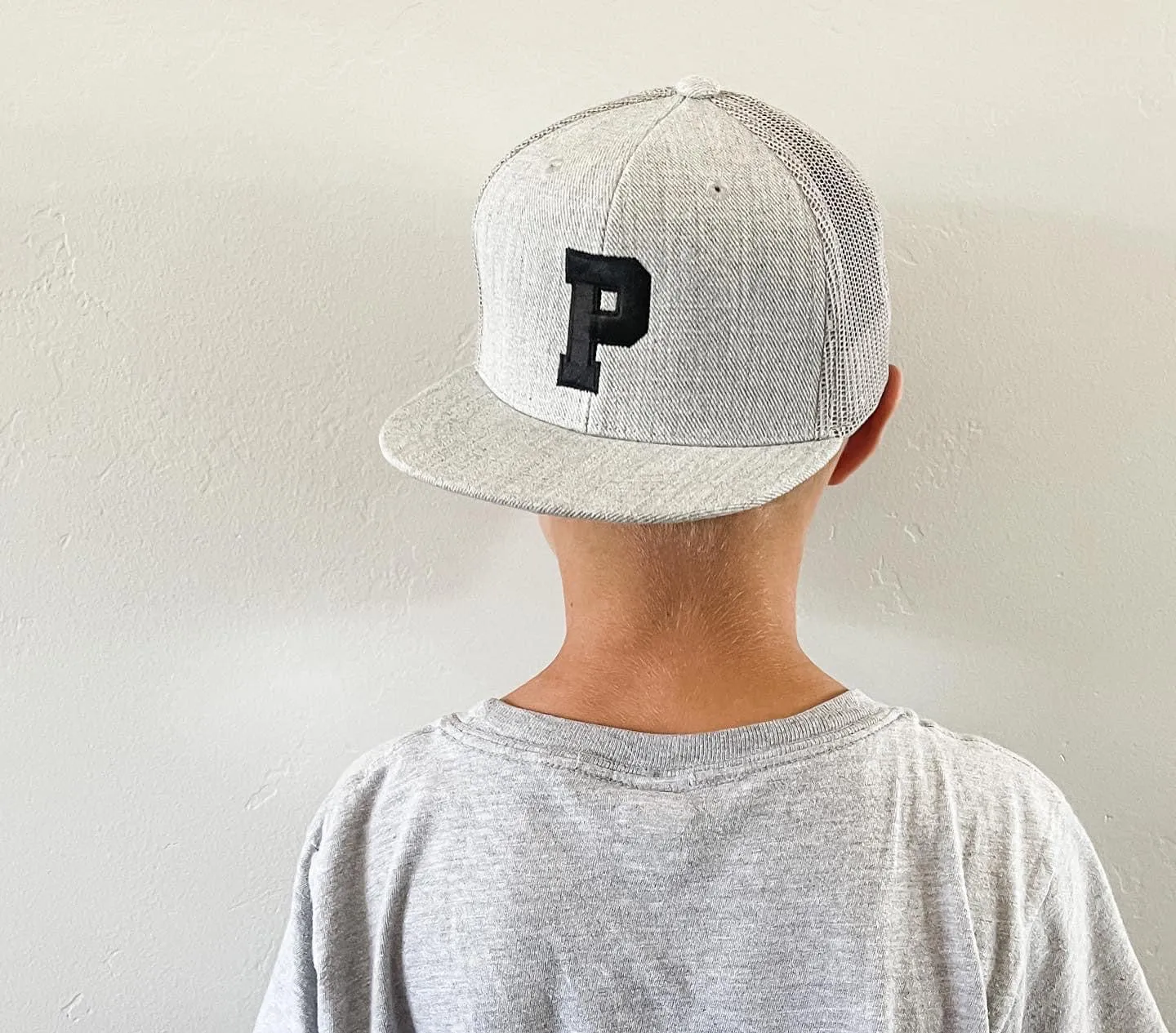 VARSITY INITIAL - Child Size - Flat Brimmed Hat - Gray w/ Black Letter
